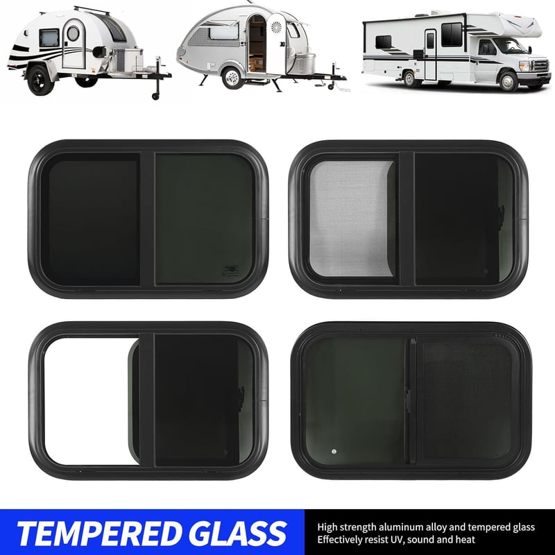 AQXREIGHT 700x300mm Lakóautó Csúszóablak Tempered Glass Fekete Alumínium Kerettel Szúnyoghálóval