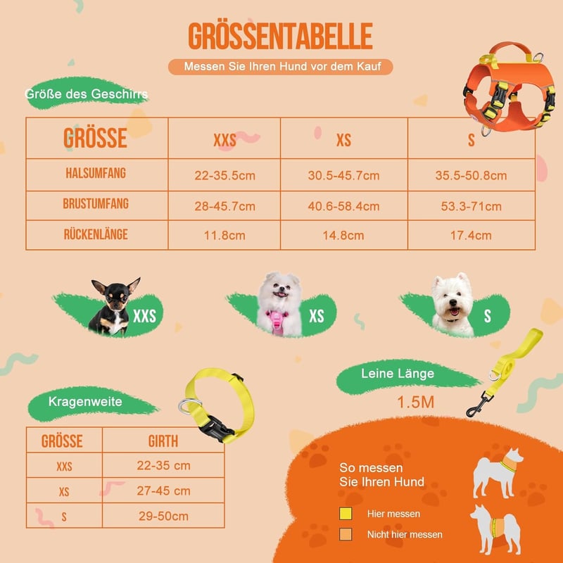 Arblina Kaleido Kutyahám Szett Kistestű Kutyáknak - Könnyű Hám, Nyakörv és Póráz Szett Narancs Színben, Fogantyúval és Fényvisszaverő Pántta
