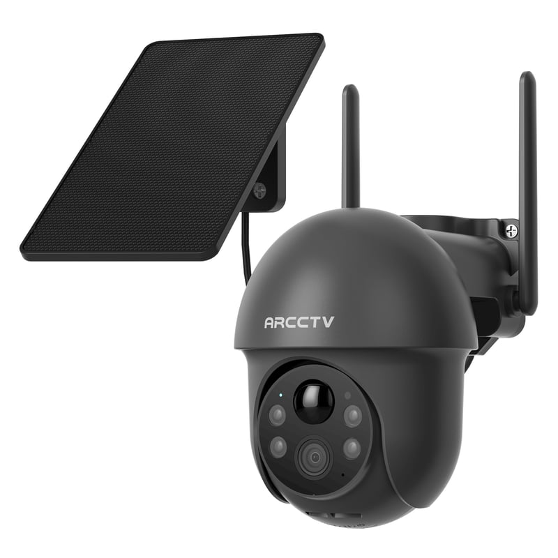 ARCCTV 4MP solárna vonkajšia bezpečnostná kamera, 2,4/5GHz WiFi, batériová, detekcia osôb, farebné nočné videnie, obojsmerný prenos zvuku, vodotesná, sivá