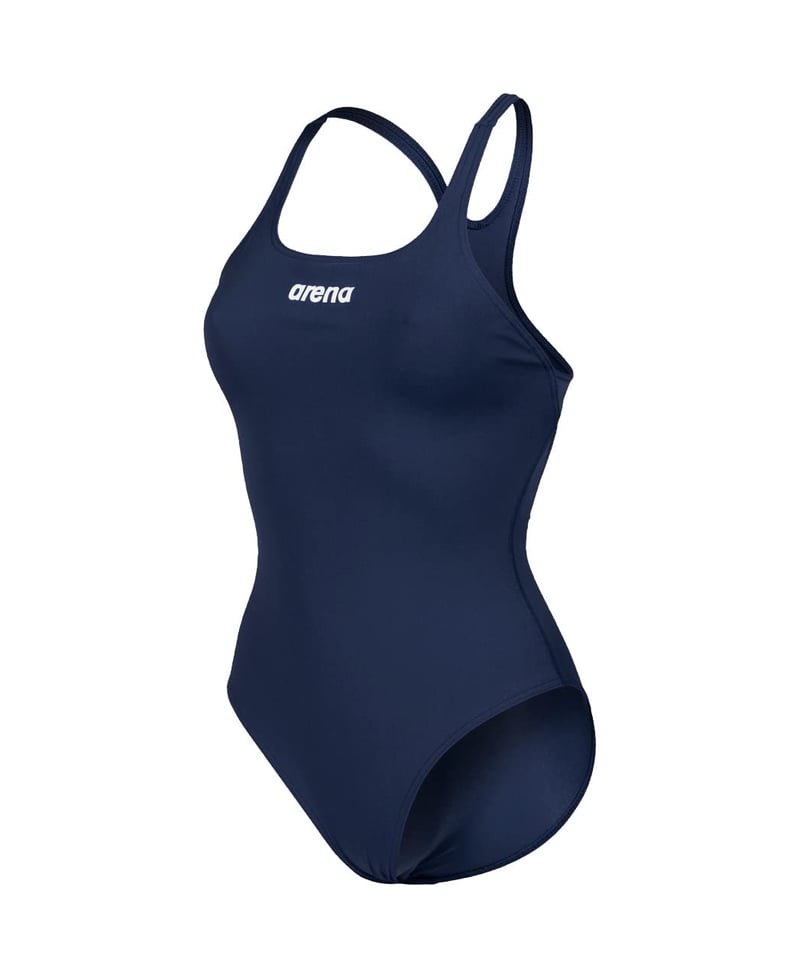 Dámske jednodielne plavky Arena Solid Swim Pro Team – rýchloschnúci materiál MaxLife Eco, odolné voči chlóru, UV ochrana UPF 50+, tmavomodro-biele