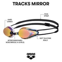 Pretekárske plavecké okuliare Arena Tracks Mirror pre dospelých, so zrkadlovými sklami proti zahmlievaniu, UV ochranou, 4 vymeniteľnými nosovými mostíkmi a silikónovým tesnením 2