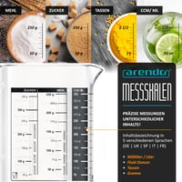 Sklenená odmerka Arendo 350 ml – borosilikátové sklo, bambusové veko, silikónové tesnenie, žiaruvzdorná, vhodná do mikrovlnnej rúry, presná stupnica 3