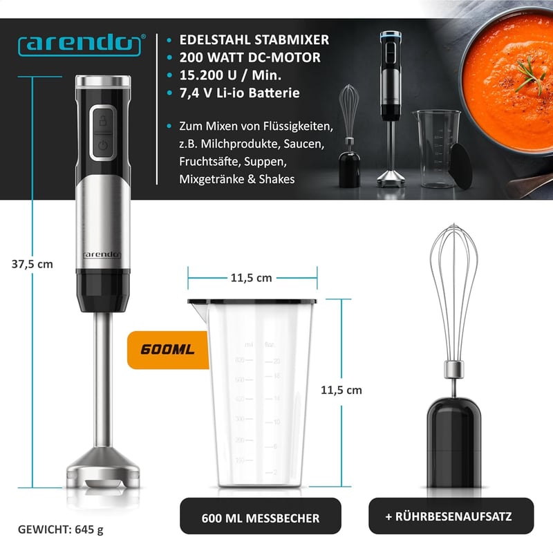 Arendo Akkumulátoros Kézi Mixer 200W Rozsdamentes Acél Turmixbot Habverő Készlet