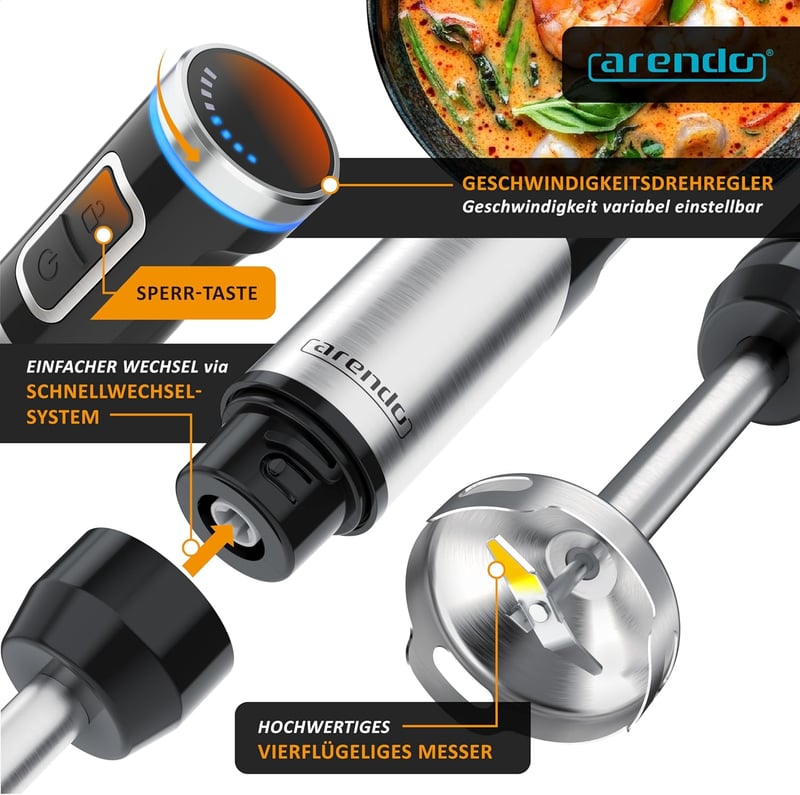 Arendo Akkumulátoros Kézi Mixer 200W Rozsdamentes Acél Turmixbot Habverő Készlet