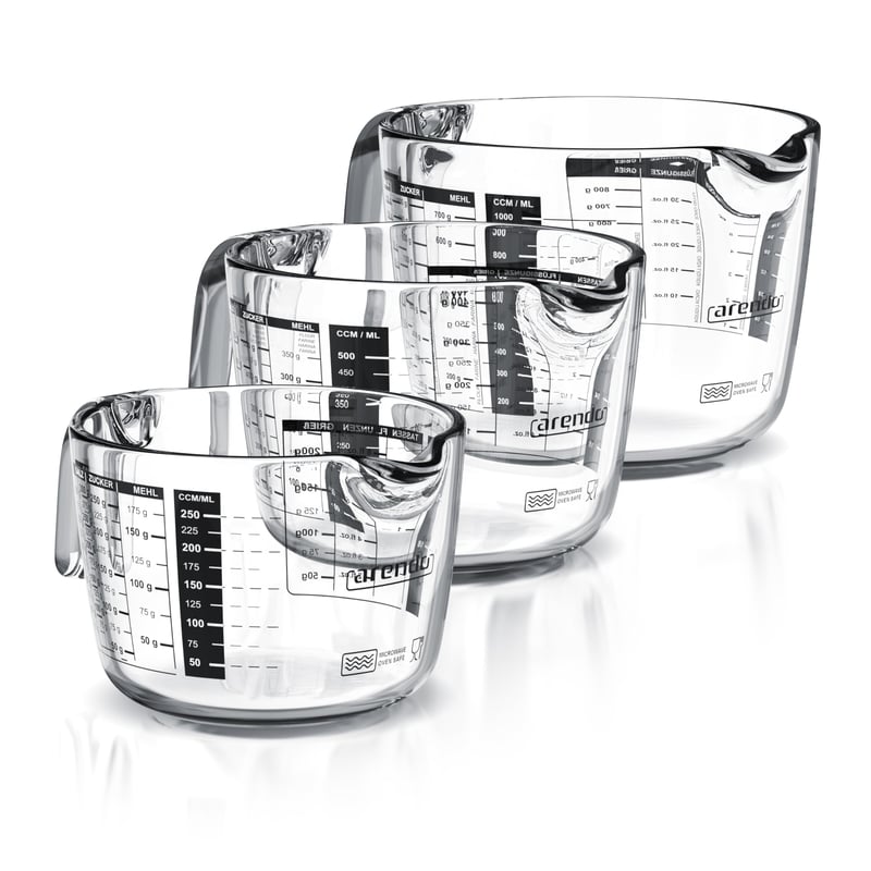 Sada odmeriek Arendo z borosilikátového skla, 3 ks – 250 ml, 500 ml, 1000 ml – presná mierka, žiaruvzdorné, vhodné do mikrovlnnej rúry