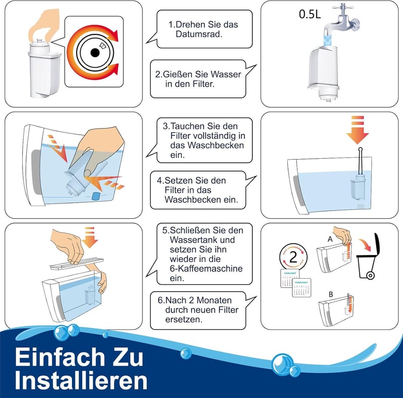 ARETHONE Vízszűrő Siemens EQ5 EQ6 EQ9 EQ500 S700 Kávéfőző Gépekhez, Bosch TCZ7003 TCZ7033 Kompatibilis Szűrőbetét 6 Darabos Csomag