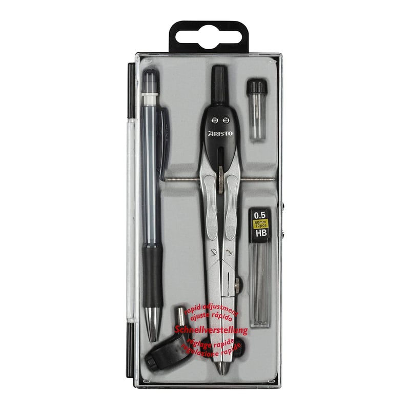 Set compas Aristo AR80084 College, 5 piese, reglare rapidă, cu mine de rezervă pentru creion mecanic de 0,5 mm, adaptor, argintiu-negru