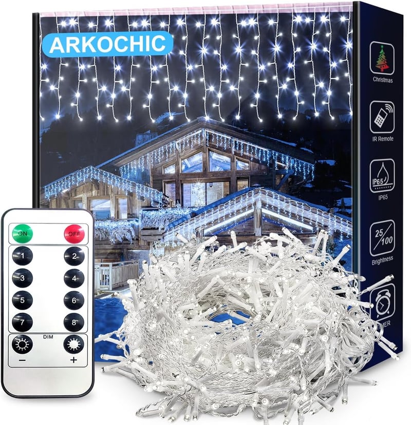 ARKOCHIC 10m 400 LED Jégcsap Fényfüzér Távirányítóval IP65 Vízálló 8 Mód Karácsony Kert Dekoráció