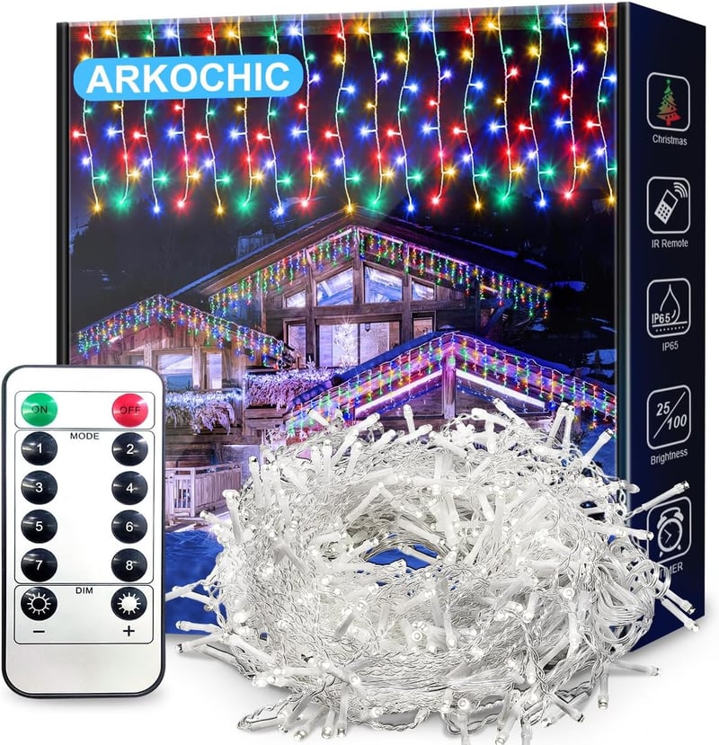ARKOCHIC 10m 400 LED Jégcsap Fényfüzér Távirányítóval IP65 Vízálló 8 Mód Karácsony Kert Dekoráció