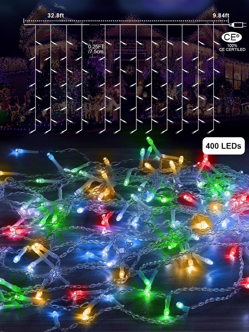 ARKOCHIC 10m 400 LED Jégcsap Fényfüzér Távirányítóval IP65 Vízálló 8 Mód Karácsony Kert Dekoráció