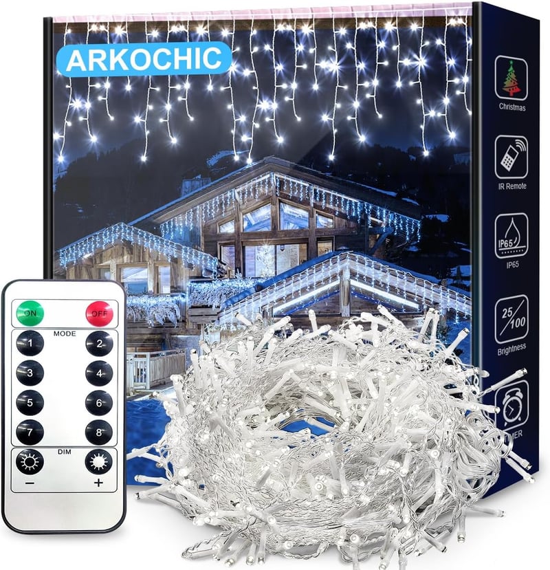 ARKOCHIC Jégcsap Fényfüzér 30m 1200 LED IP65 Vízálló - 8 Világítási Mód Kültéri-Beltéri Használatra, Karácsonyra, Esküvőre, Erkélyre, Hideg 