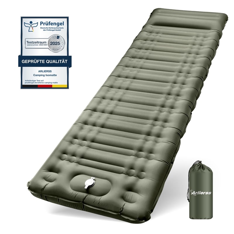 Saltea de camping gonflabilă Arlierss, 12 cm grosime, cu pompă de picior și pernă integrate, ripstop, saltea de dormit portabilă pentru drumeții, călătorii, plajă, verde militar