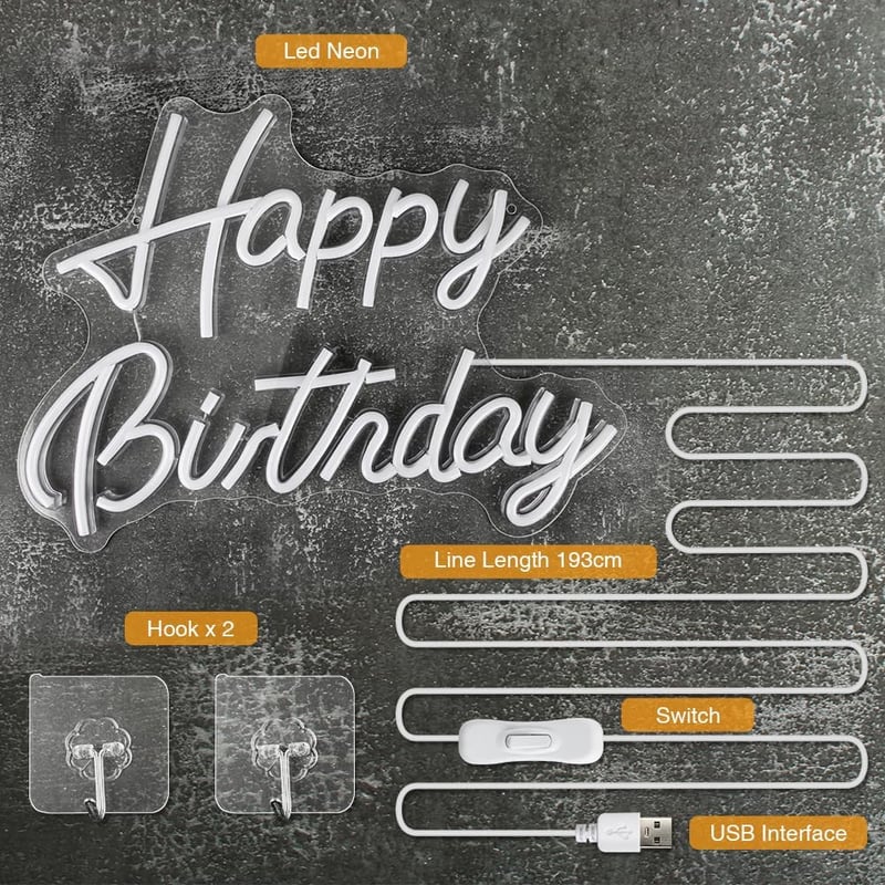 Arrinew Happy Birthday Neon LED Fényreklám Meleg Fehér 42x32cm USB
