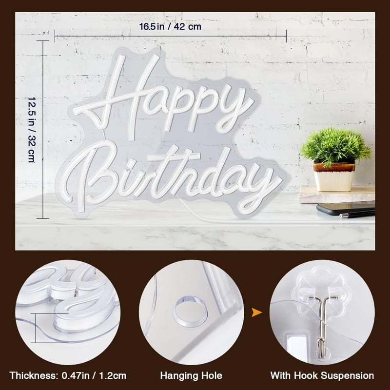 Arrinew Happy Birthday Neon LED Fényreklám Meleg Fehér 42x32cm USB
