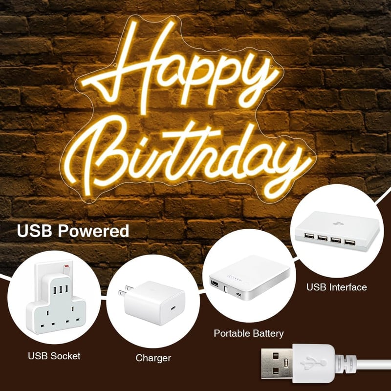 Arrinew Happy Birthday Neon LED Fényreklám Meleg Fehér 42x32cm USB