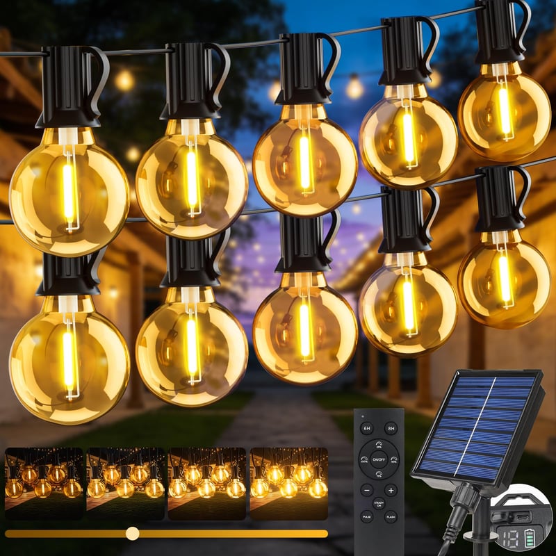 Ghirlandă luminoasă solară de exterior ArsMotin, 15 m, cu telecomandă, rezistentă la apă IP65, 3 moduri de intensitate reglabile, 17+1 becuri G40, ghirlandă luminoasă solară LED pentru grădină, balcon, terasă, petreceri