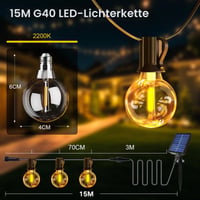 Ghirlandă luminoasă solară de exterior ArsMotin, 15 m, cu telecomandă, rezistentă la apă IP65, 3 moduri de intensitate reglabile, 17+1 becuri G40, ghirlandă luminoasă solară LED pentru grădină, balcon, terasă, petreceri 5