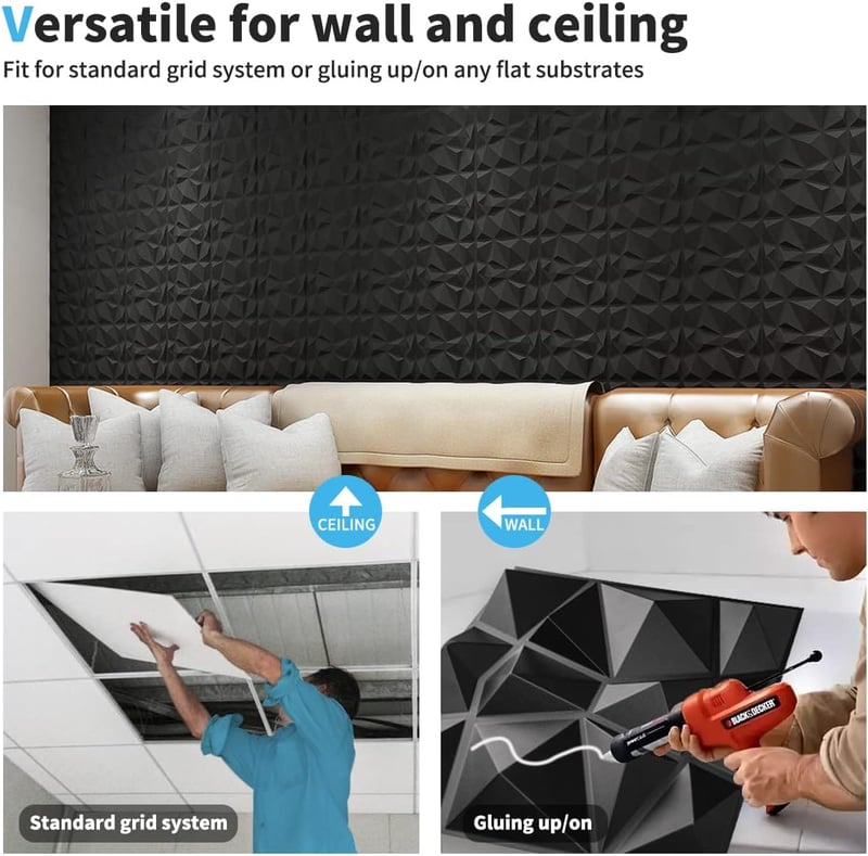 Art3d 3D Gyémánt Falpanel 30x30cm Matt Fekete PVC 33db Szett
