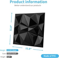 Art3d 3D Gyémánt Falpanel 30x30cm Matt Fekete PVC 33db Szett 4