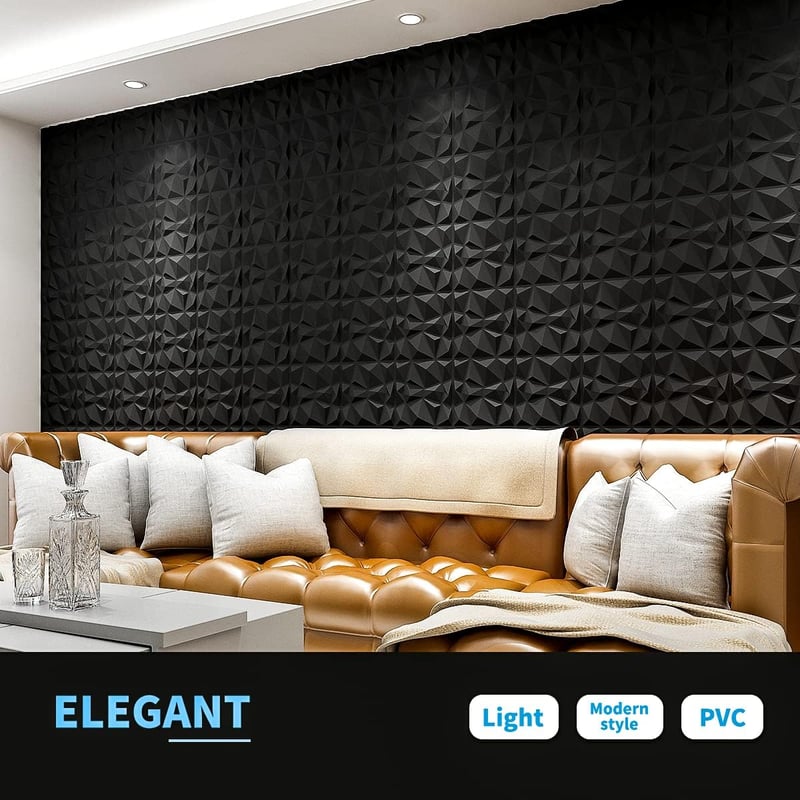 Art3d 3D Gyémánt Falpanel 30x30cm Matt Fekete PVC 33db Szett