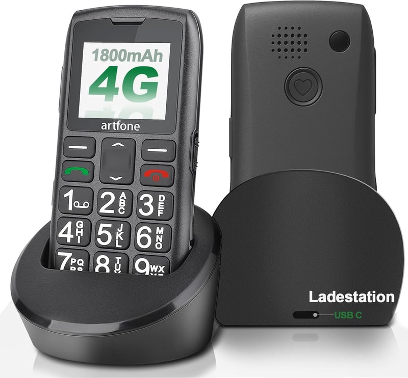 artfone 4G Időseknek Mobiltelefon - Nagyméretű Gombokkal, Töltőállomással, SOS Vészgombbal, T9 Prediktív Szövegbevitellel, USB-C, 1800mAh Ak