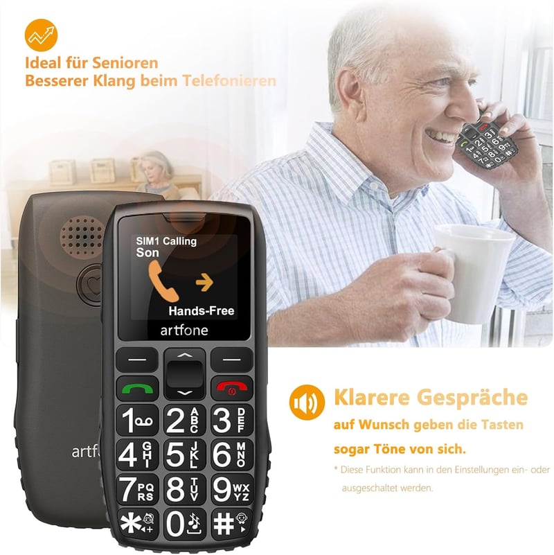 artfone 4G Időseknek Mobiltelefon - Nagyméretű Gombokkal, Töltőállomással, SOS Vészgombbal, T9 Prediktív Szövegbevitellel, USB-C, 1800mAh Ak