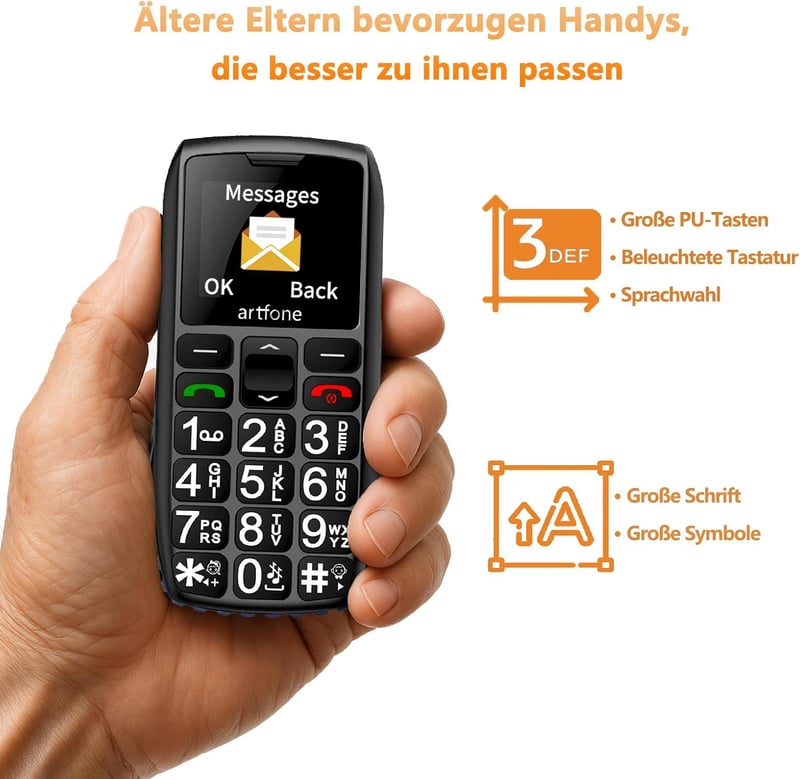 artfone 4G Időseknek Mobiltelefon - Nagyméretű Gombokkal, Töltőállomással, SOS Vészgombbal, T9 Prediktív Szövegbevitellel, USB-C, 1800mAh Ak