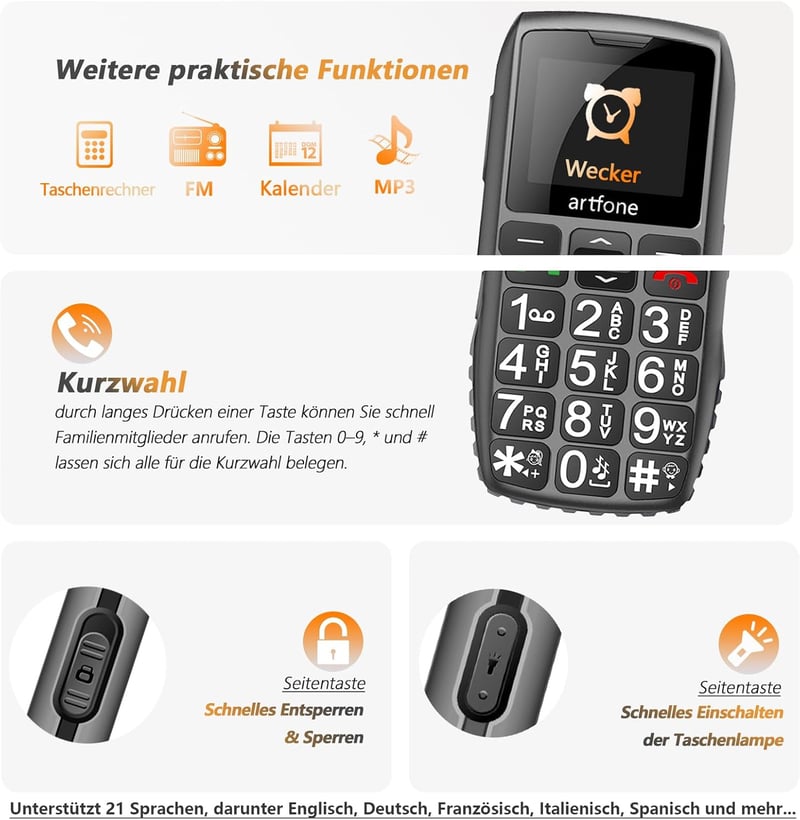 artfone 4G Időseknek Mobiltelefon - Nagyméretű Gombokkal, Töltőállomással, SOS Vészgombbal, T9 Prediktív Szövegbevitellel, USB-C, 1800mAh Ak
