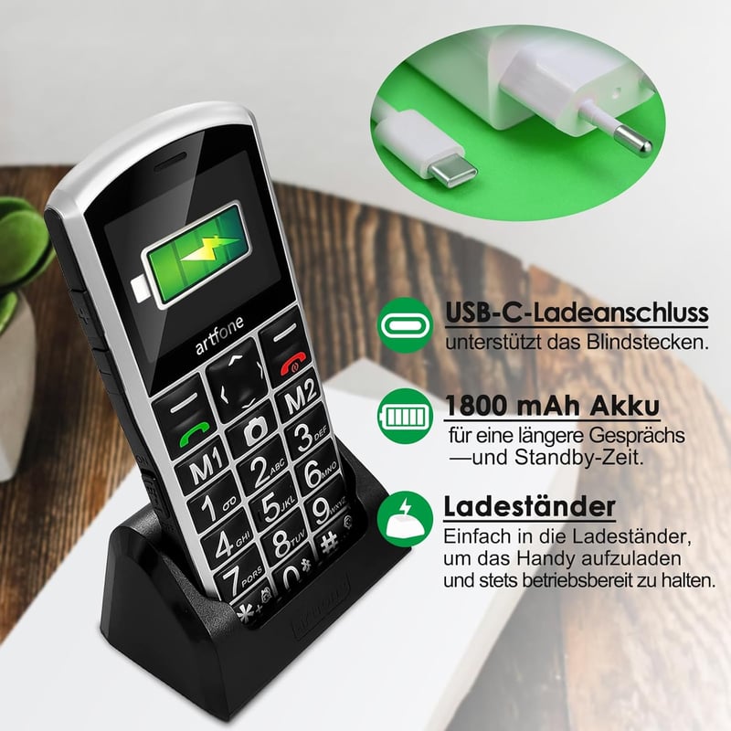 artfone A400 4G Idősbarát Mobiltelefon Nagy Gombokkal, Vészhívó Gombbal, Dual SIM, Asztali Töltőállvánnyal, 2.4" Kijelző