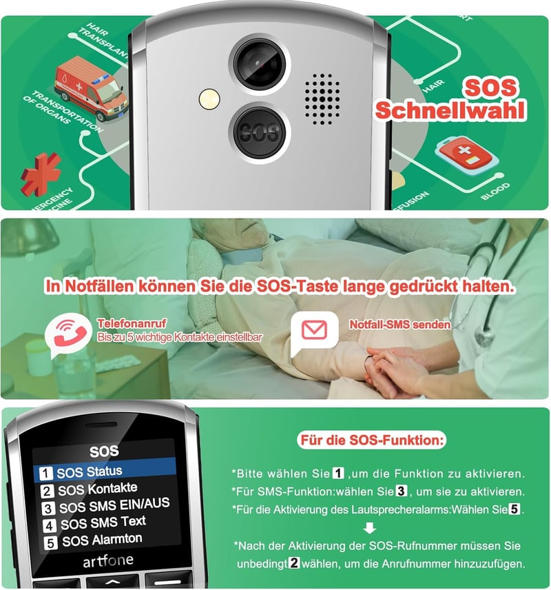 artfone A400 4G Idősbarát Mobiltelefon Nagy Gombokkal, Vészhívó Gombbal, Dual SIM, Asztali Töltőállvánnyal, 2.4" Kijelző