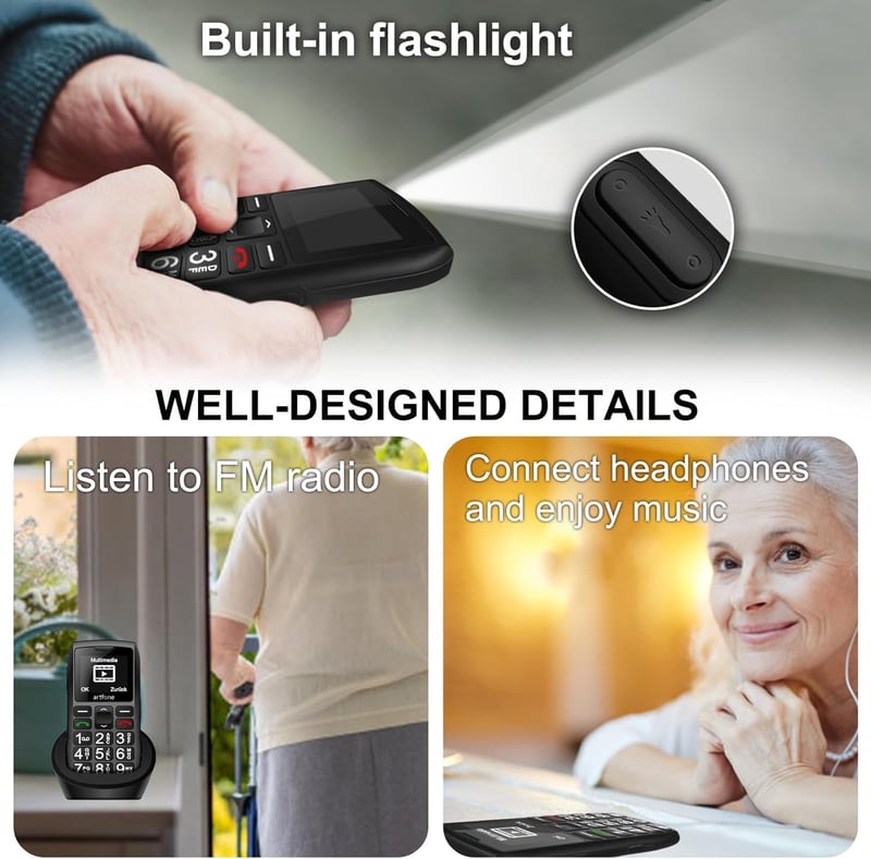 artfone C1+4G fekete nagy gombos időseknek - USB-C, 1800mAh, SOS gomb