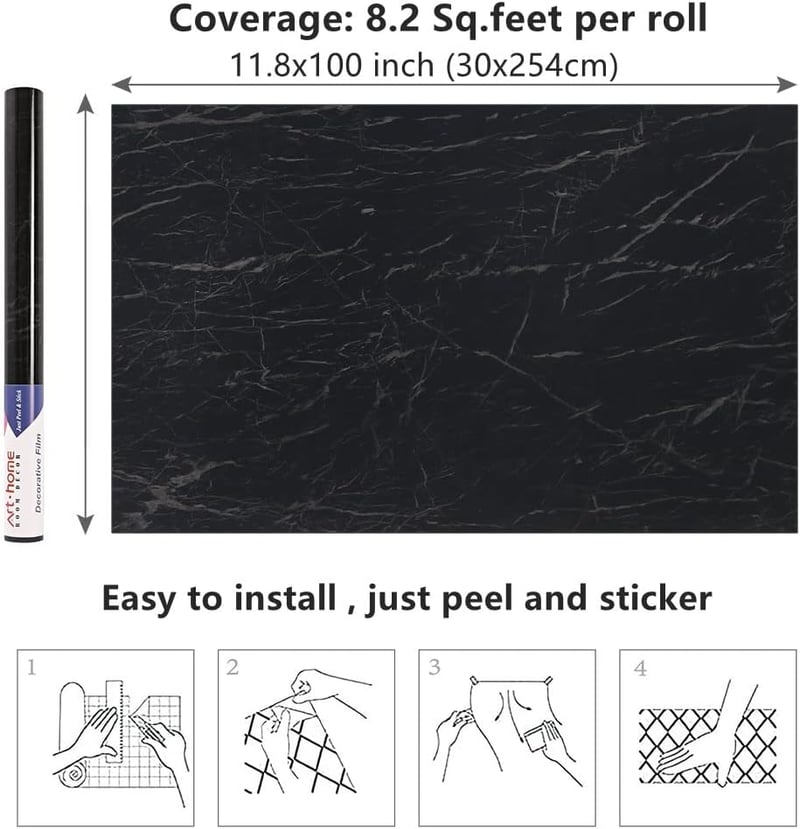 Arthome Fekete Márvány Öntapadós Fólia 30x254 cm - Bútor, Konyhai Munkalap, Polc Dekorációs Vinyl Tapéta Felújításhoz
