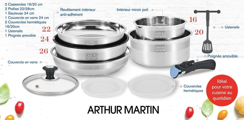 Arthur Martin AM0025 10 részes rozsdamentes acél edénykészlet levehető fogantyúval, kiöntőcsőrrel - indukciós főzőlappal is kompatibilis