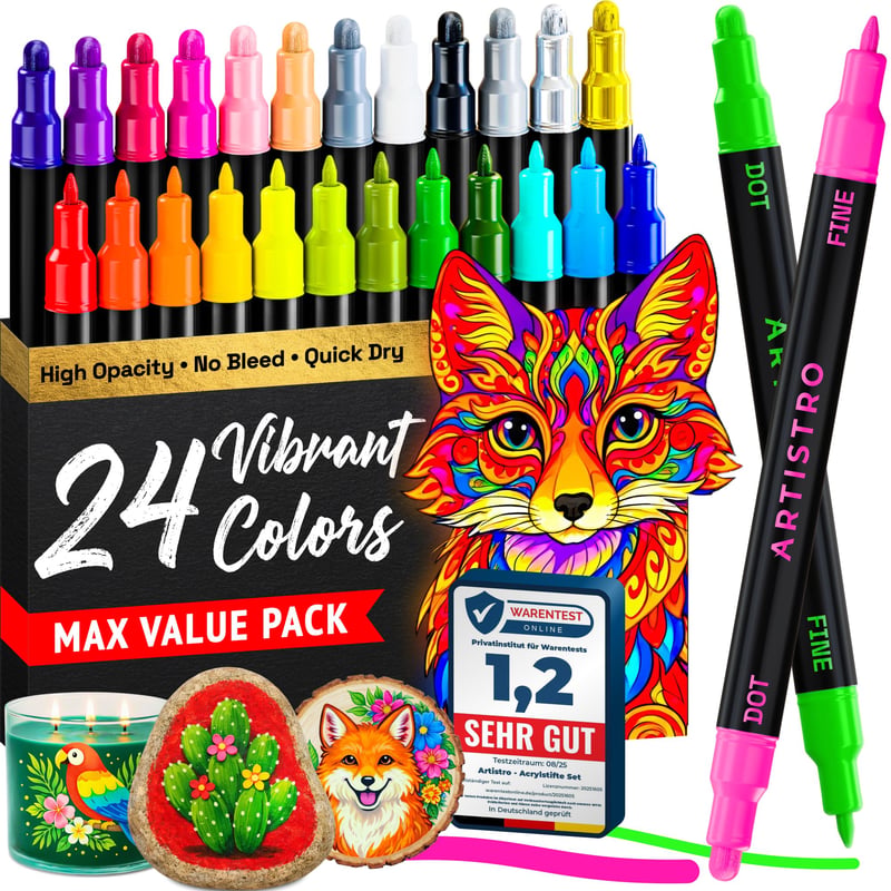 Set 24 Markere Acrilice cu Două Capete Artistro, Vârf Rotund și Vârf Fin pentru Piatră, Sticlă, Lemn și Textile