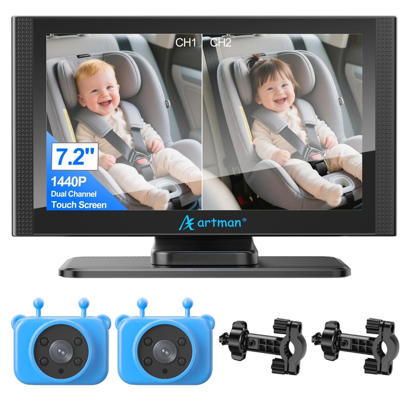 Artman Baba Autokamera pre 2 deti, 7,2-palcový duálny HD 1440P IPS dotykový displej s rozdelenou obrazovkou, infračervené nočné videnie a 360° otáčanie, pre všetky autá