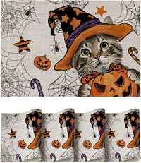 Artoid Mode Halloween macska boszorkánykalap tök mintás PVC asztal alátét készlet 4 db nem csúszós hőálló konyhai dekoráció 1