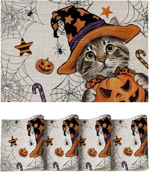 Artoid Mode Halloween macska boszorkánykalap tök mintás PVC asztal alátét készlet 4 db nem csúszós hőálló konyhai dekoráció