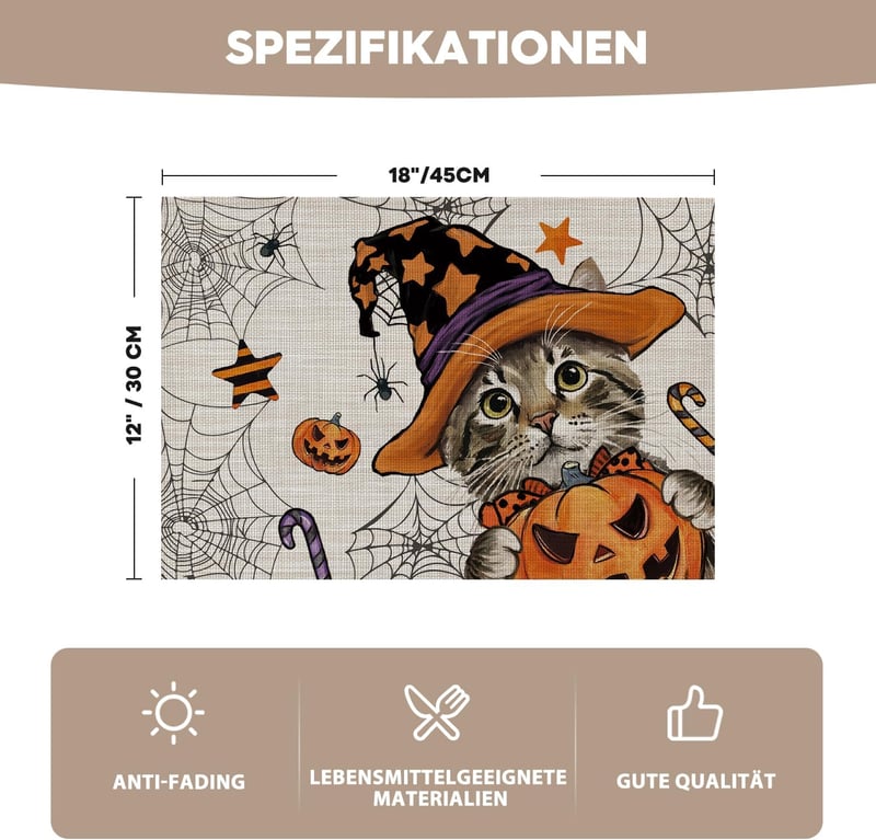 Artoid Mode Halloween macska boszorkánykalap tök mintás PVC asztal alátét készlet 4 db nem csúszós hőálló konyhai dekoráció