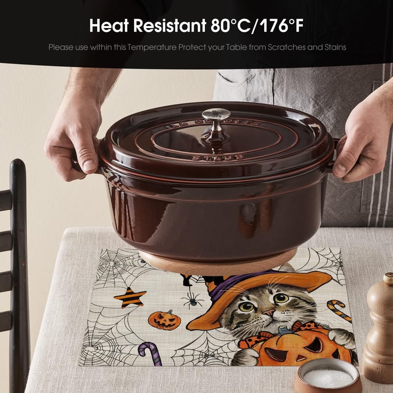 Artoid Mode Halloween macska boszorkánykalap tök mintás PVC asztal alátét készlet 4 db nem csúszós hőálló konyhai dekoráció