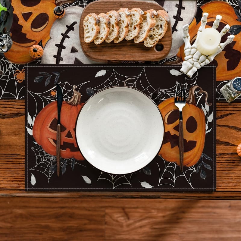 Artoid Mode Halloween pókhálós töklámpás asztalterítő készlet 6 db 30 x 45 cm mosható konyhai parti dekoráció