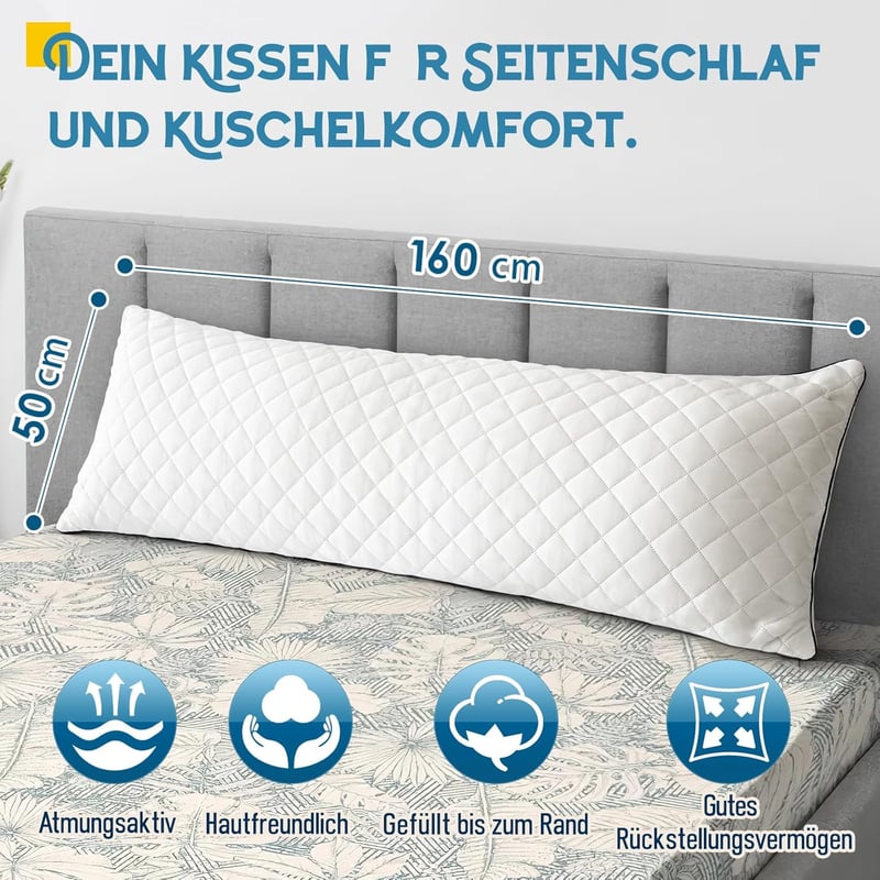AS AWESLING testpárna felnőtteknek, 160x50 cm memóriahabos oldalsó alvópárna fehér huzattal - 160 x 50 cm, White Memory Foam