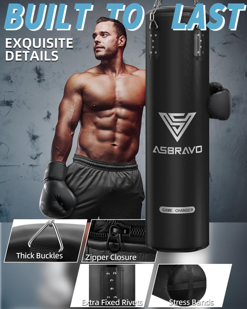 ASBRAVO 120 cm-es PU Boxzsák Szett Felnőtteknek - 12 oz Kesztyűvel, MMA, Muay Thai és Kickbox Edzéshez, Otthoni Edzőterembe (Töltetlen)
