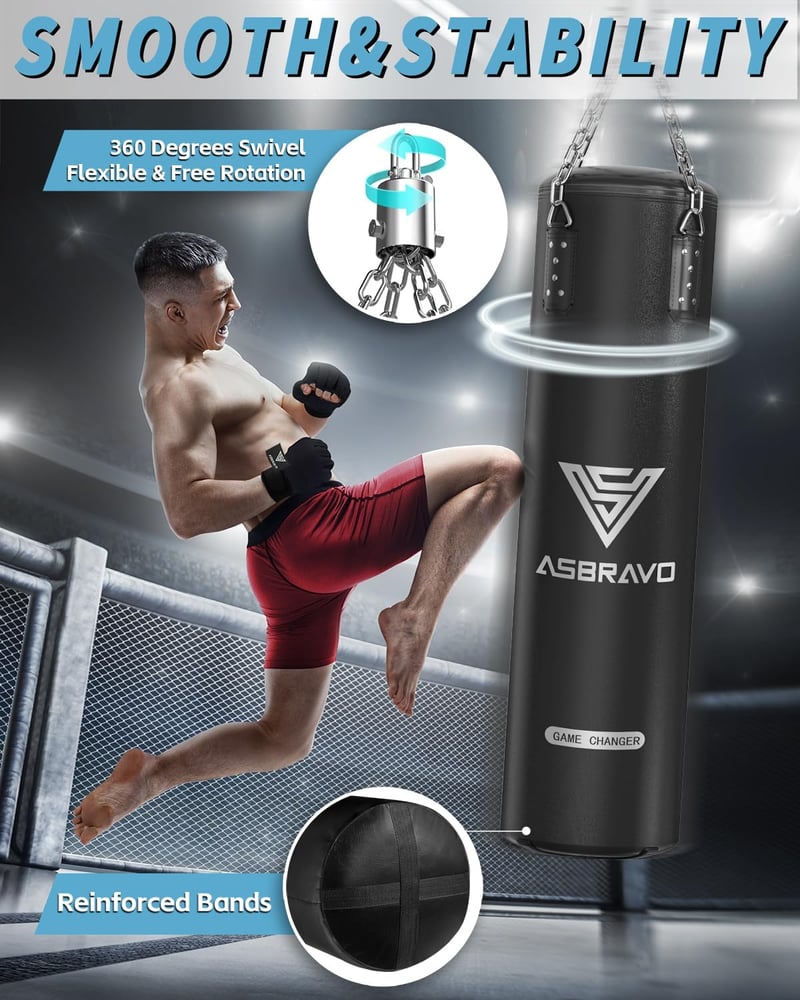 ASBRAVO 120 cm-es PU Boxzsák Szett Felnőtteknek - 12 oz Kesztyűvel, MMA, Muay Thai és Kickbox Edzéshez, Otthoni Edzőterembe (Töltetlen)