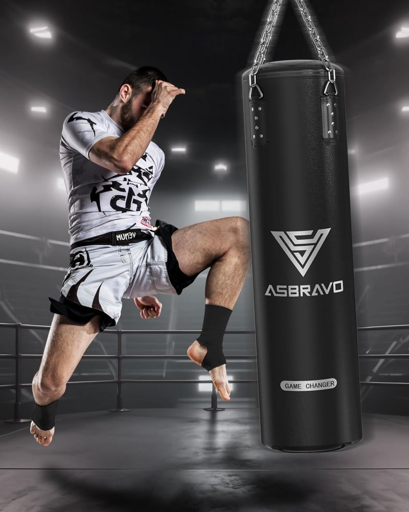 ASBRAVO 120 cm-es PU Boxzsák Szett Felnőtteknek - 12 oz Kesztyűvel, MMA, Muay Thai és Kickbox Edzéshez, Otthoni Edzőterembe (Töltetlen)
