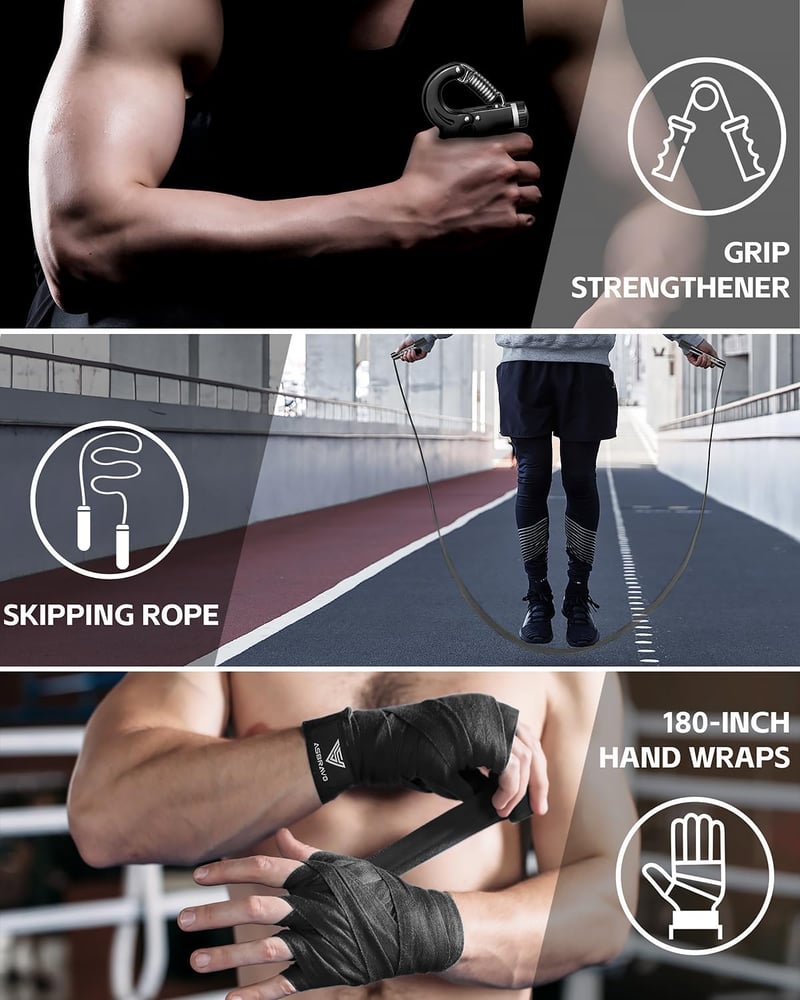 ASBRAVO 4 lábas nehéz ütőzsák szett 12 oz kesztyűvel MMA Muay Thai edzéshez - White