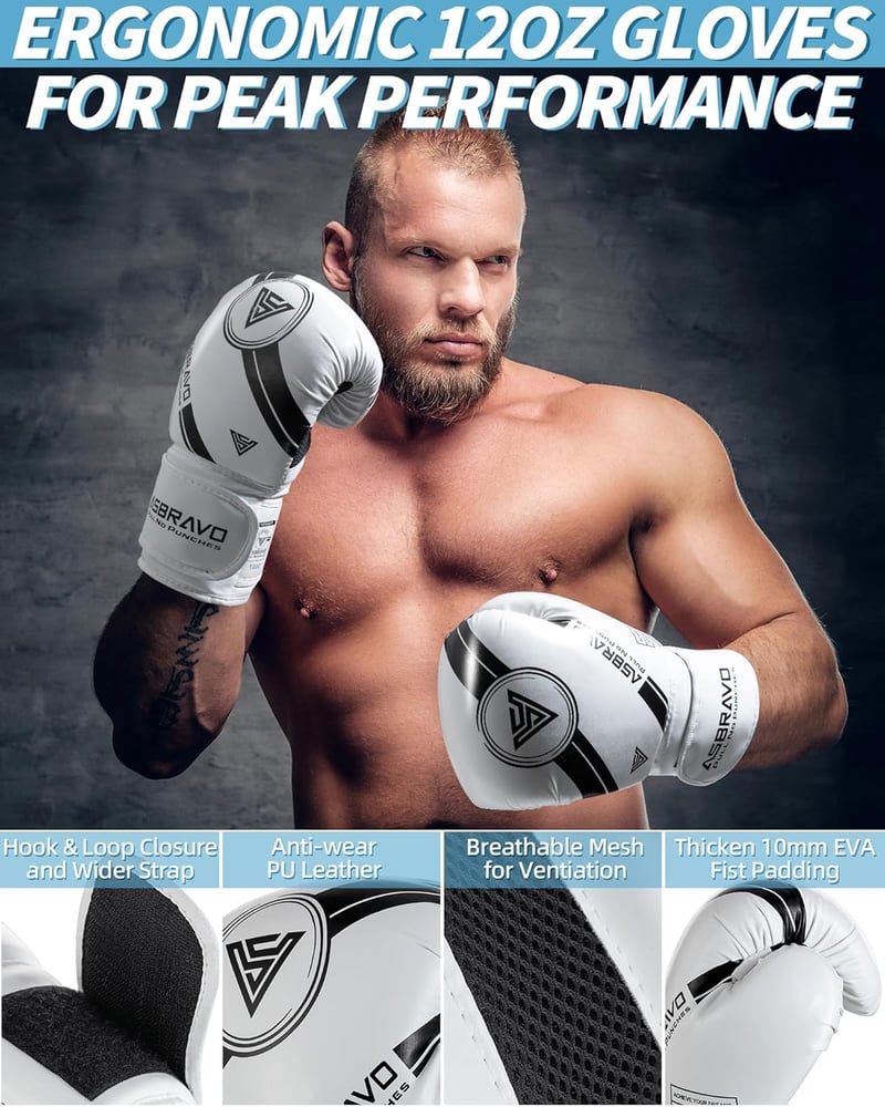 ASBRAVO 4 lábas nehéz ütőzsák szett 12 oz kesztyűvel MMA Muay Thai edzéshez - White