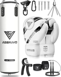 ASBRAVO 4 lábas nehéz ütőzsák szett 12 oz kesztyűvel MMA Muay Thai edzéshez - White 1
