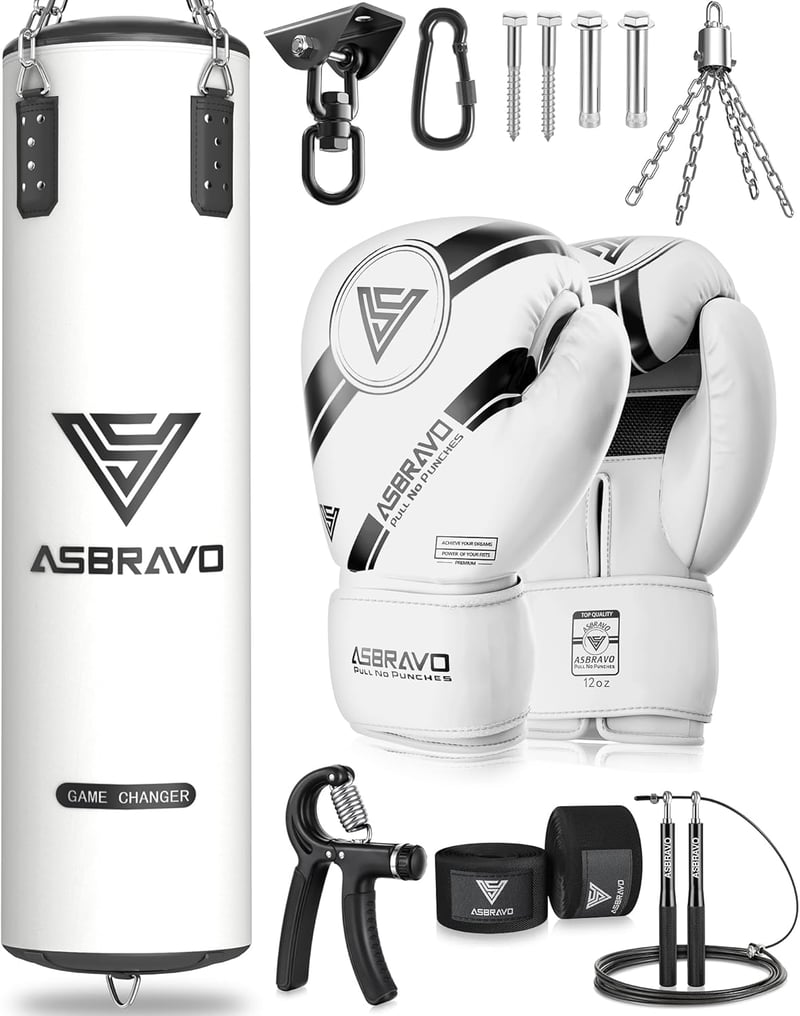 ASBRAVO 4 lábas nehéz ütőzsák szett 12 oz kesztyűvel MMA Muay Thai edzéshez - White