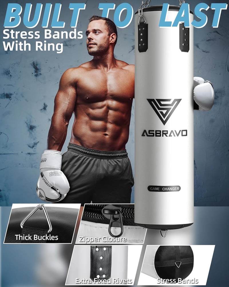 ASBRAVO 4 lábas nehéz ütőzsák szett 12 oz kesztyűvel MMA Muay Thai edzéshez - White