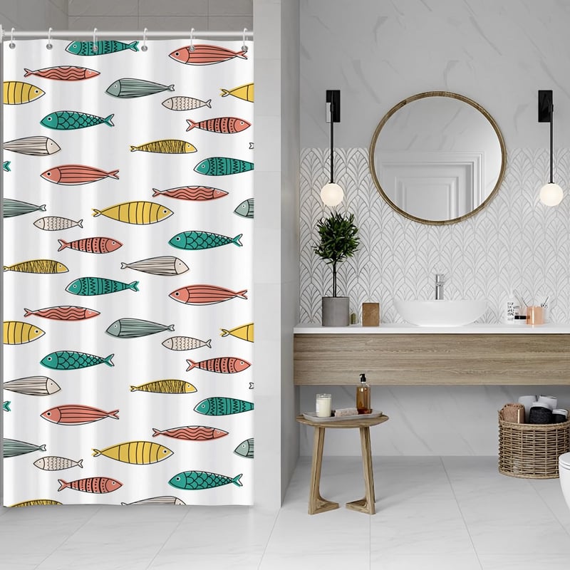 ASDCXZ Kúpeľňový sprchový záves s farebným vzorom morských rýb 120 x 200 cm, vodeodolný polyester, odolný voči plesniam, s 8 háčikmi